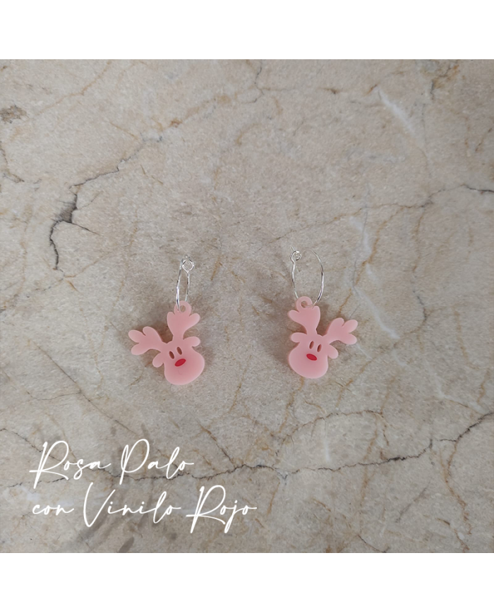 Pendientes Navideños de Renos Rosas con Nariz Roja