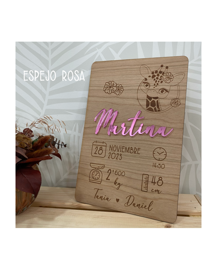 Cartel Personalizado con Nombre y Datos de Recién Nacido con Ilustración de Jirafa