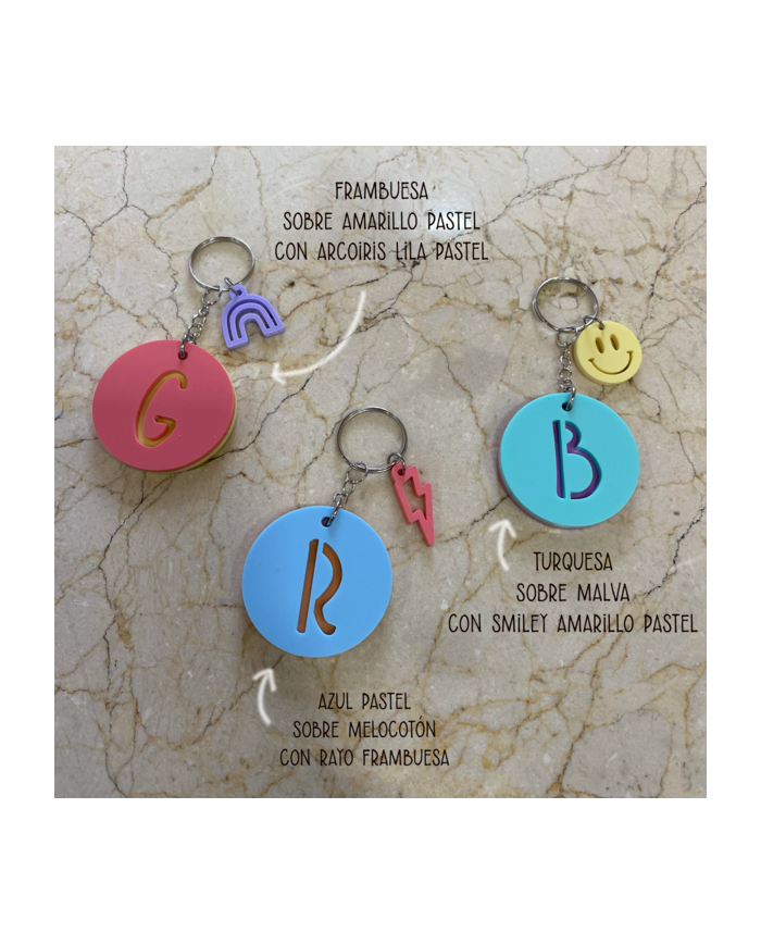 Llavero con Inicial Calada de Dos Colores y Colgante de Símbolos