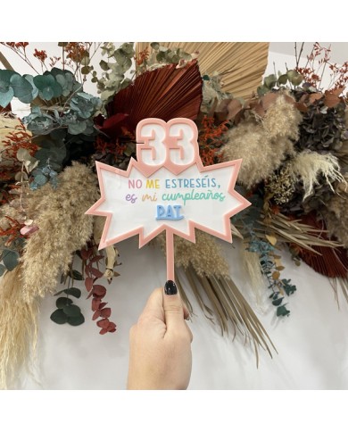 Topper de Colores "No me Estreséis, es mi Cumpleaños" Personalizado Con Nombre y Edad