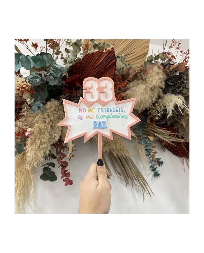 Topper de Colores "No me Estreséis, es mi Cumpleaños" Personalizado Con Nombre y Edad