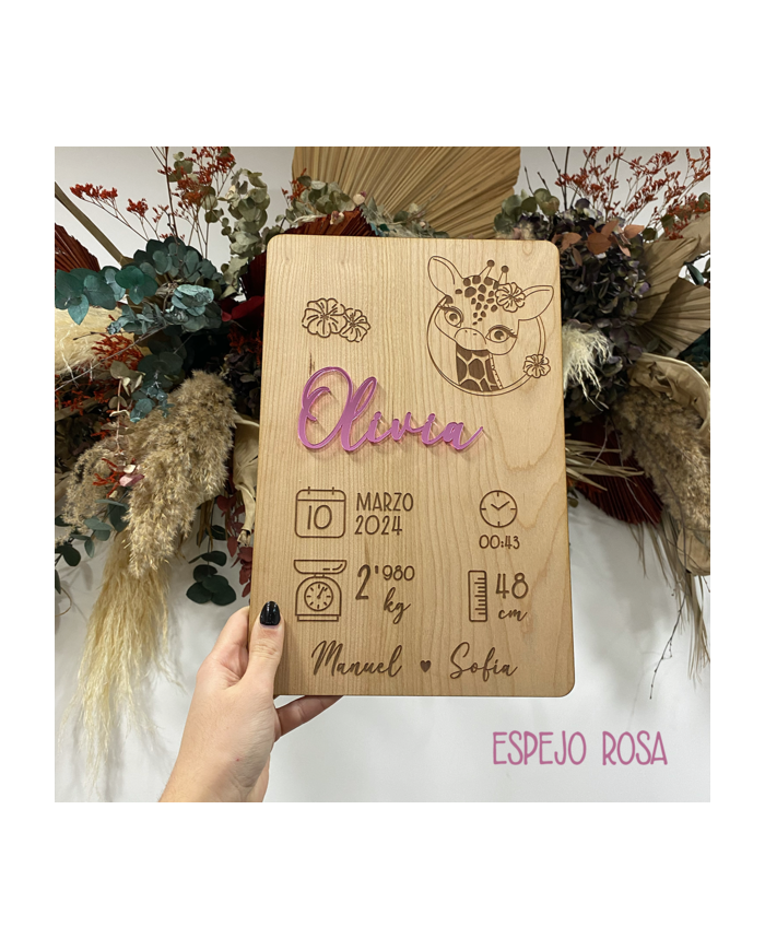 Cartel Personalizado con Nombre y Datos de Recién Nacido con Ilustración de Jirafa