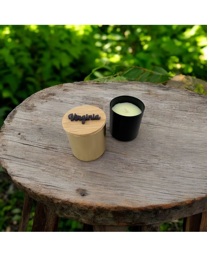 VELA AROMÁTICA EN METAL CON TAPA MADERA + NOMBRE